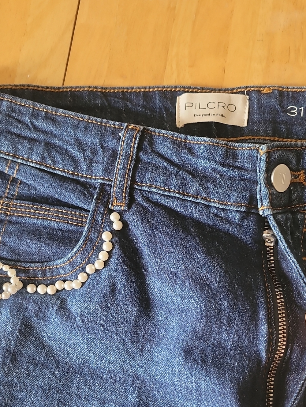 Pilcro Anthropologie Pearl-Embellished Low-Rise Wide-Leg Jeans - Picture 7 of 12